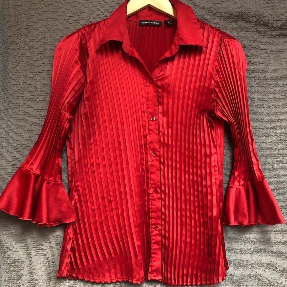 Essentials by Milano, small red satin, pleated blouse with bell sleeves